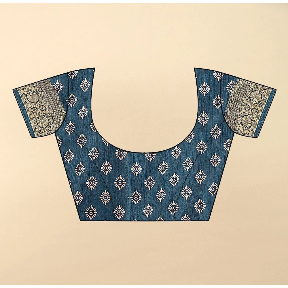 Floral Printed Saree With Unstitched Blouse 5.5Mtr (Blue)