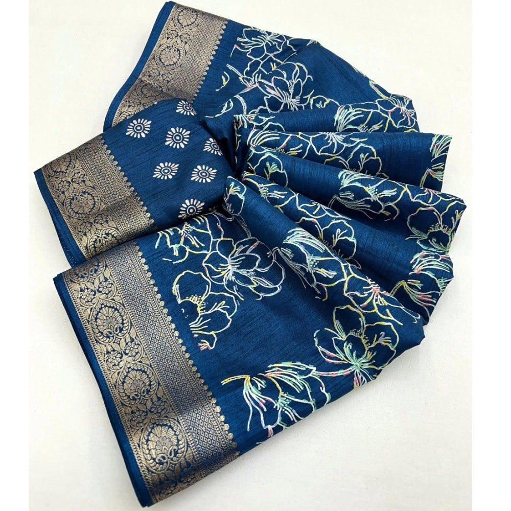 Floral Printed Saree With Unstitched Blouse 5.5Mtr (Blue)