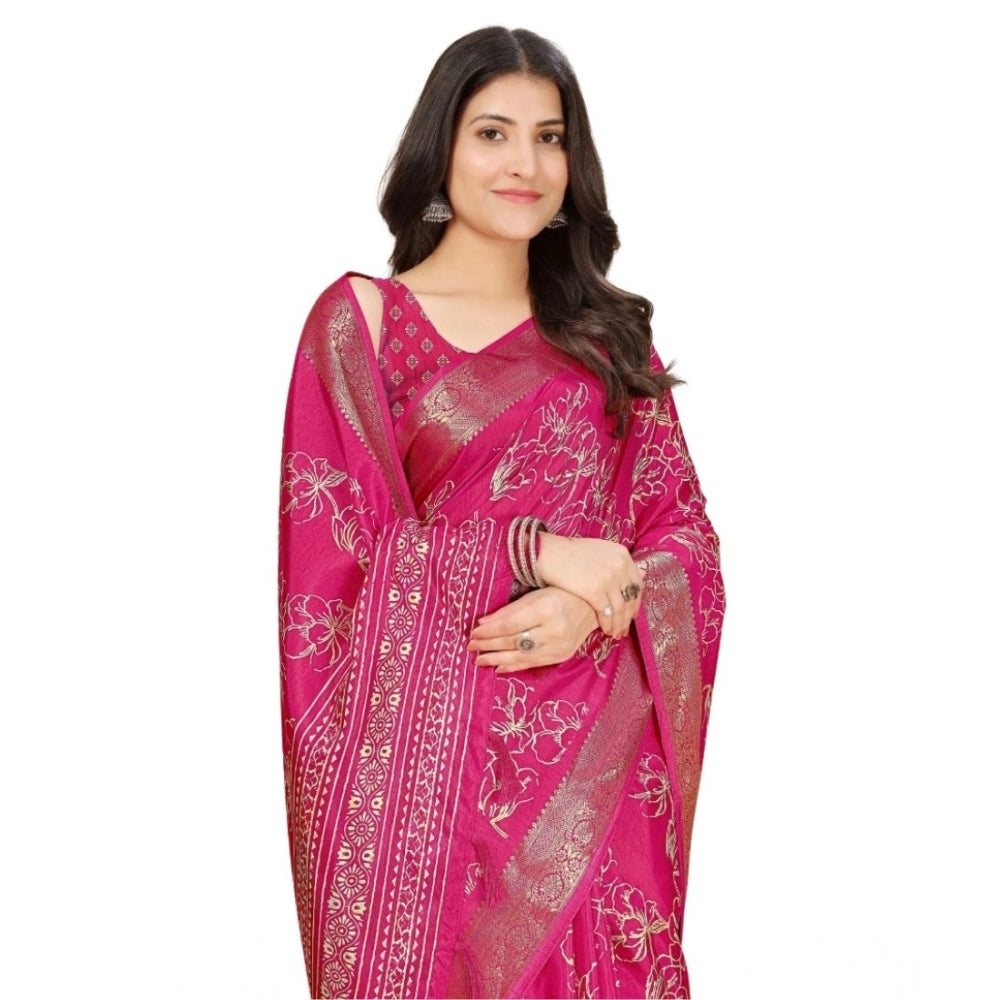 Floral Printed Saree With Unstitched Blouse 5.5Mtr (Pink)