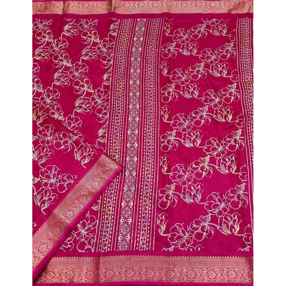 Floral Printed Saree With Unstitched Blouse 5.5Mtr (Pink)