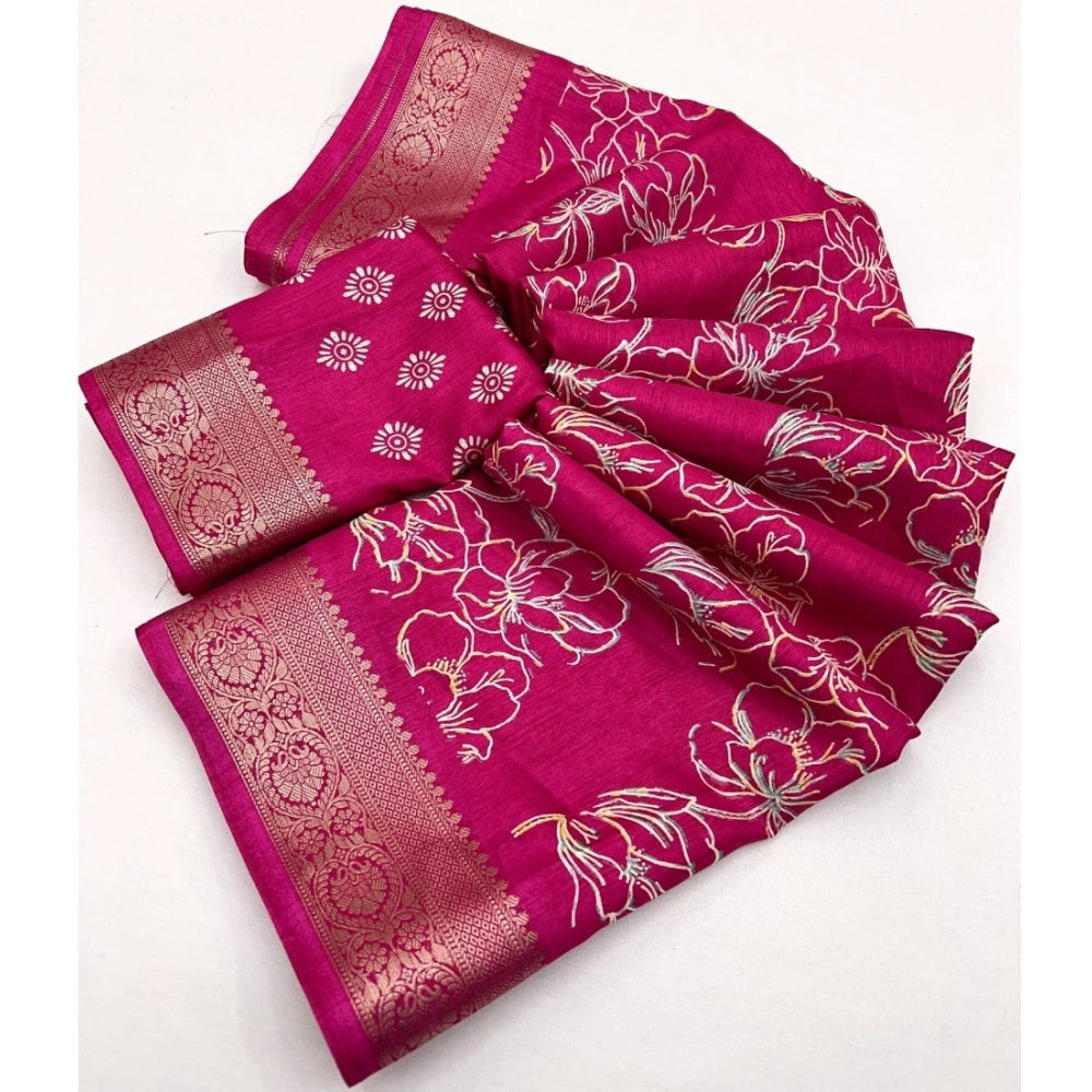 Floral Printed Saree With Unstitched Blouse 5.5Mtr (Pink)