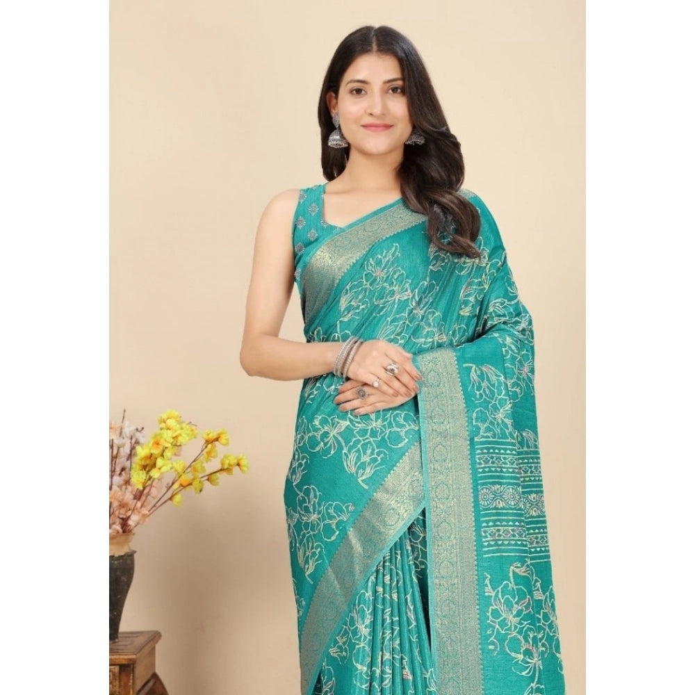 Floral Printed Saree With Unstitched Blouse 5.5Mtr (Rama)