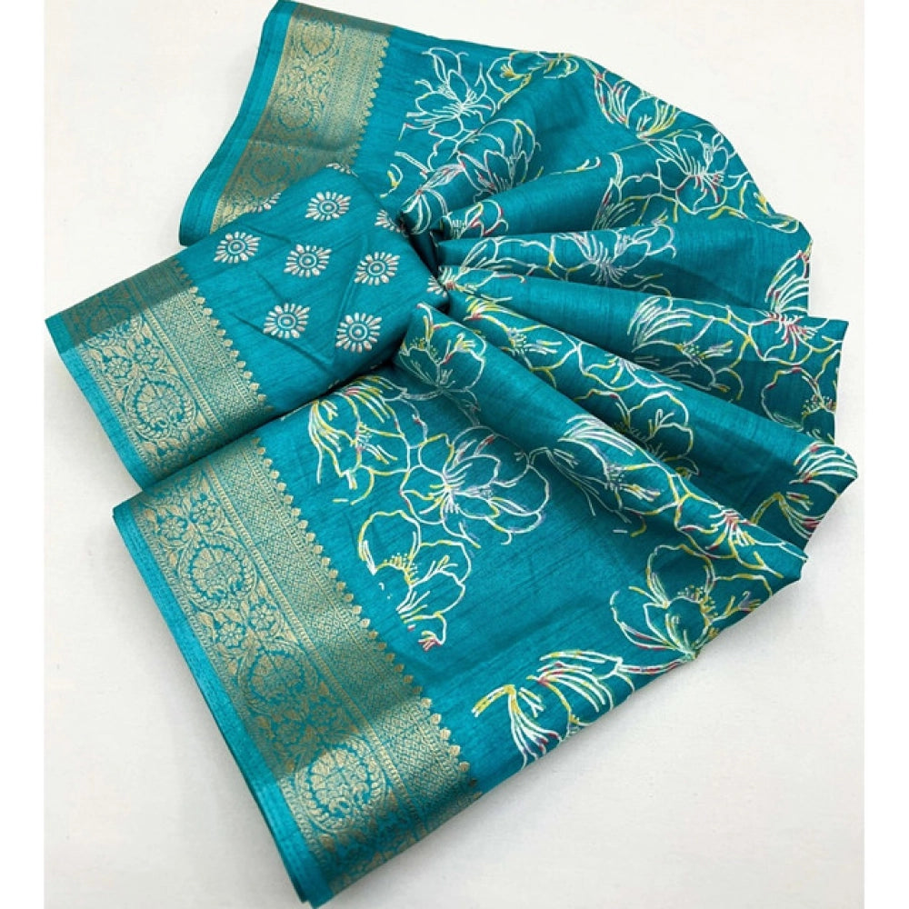 Floral Printed Saree With Unstitched Blouse 5.5Mtr (Rama)