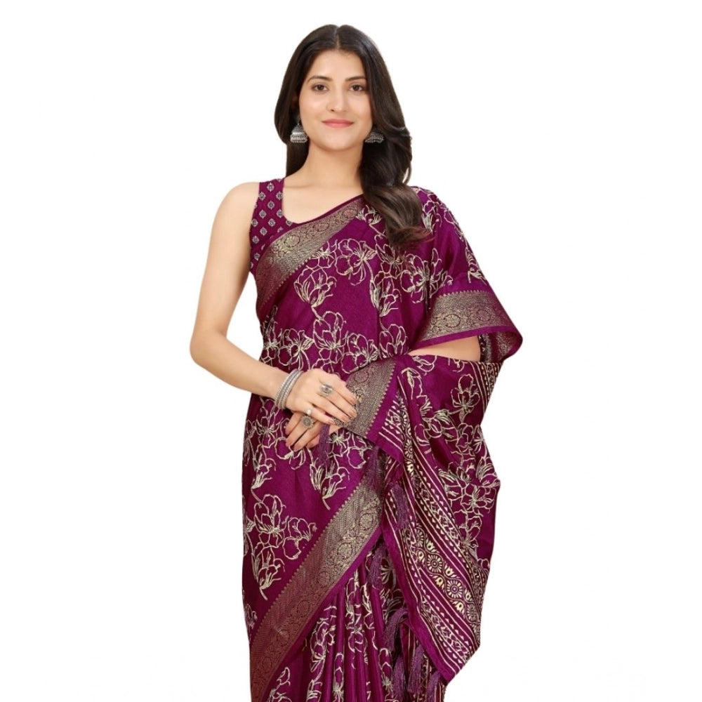 Floral Printed Saree With Unstitched Blouse 5.5Mtr (Wine)