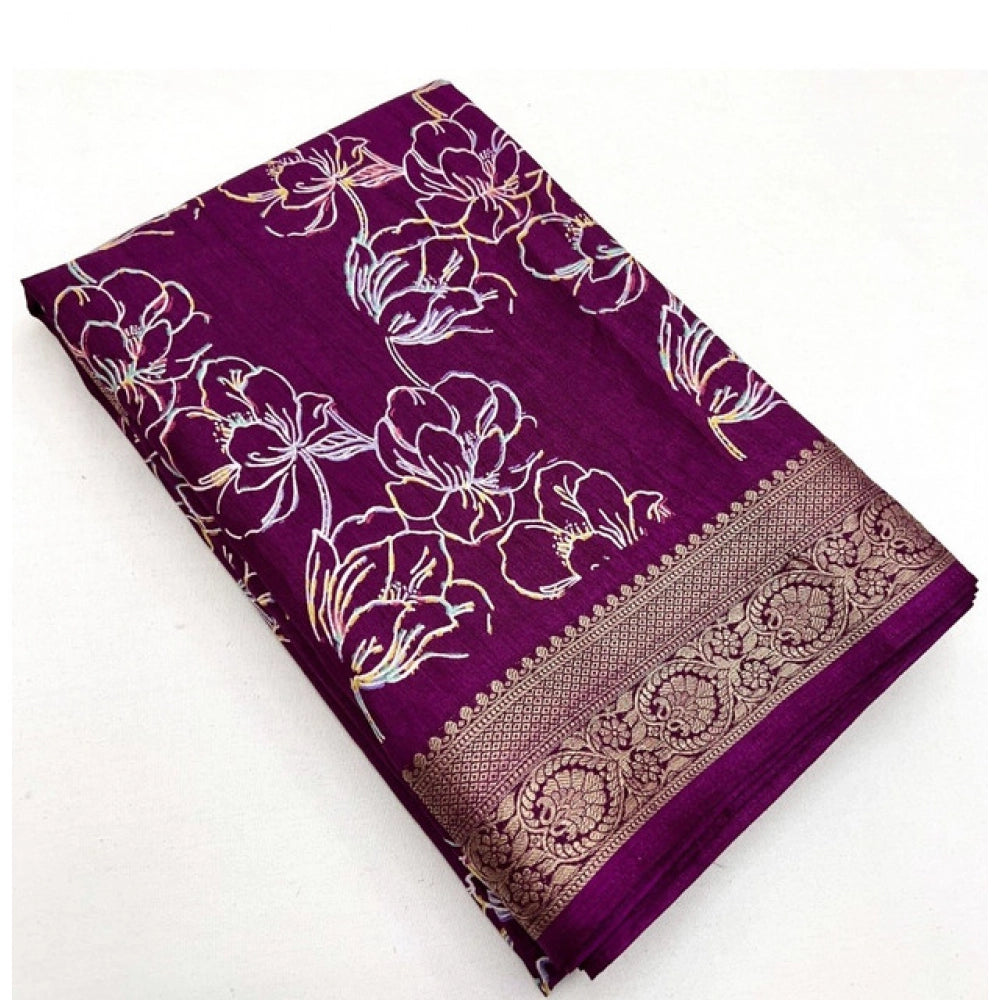 Floral Printed Saree With Unstitched Blouse 5.5Mtr (Wine)