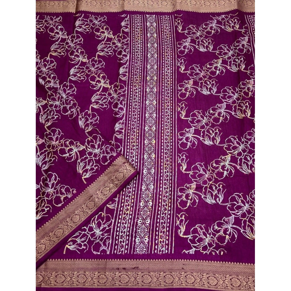 Floral Printed Saree With Unstitched Blouse 5.5Mtr (Wine)