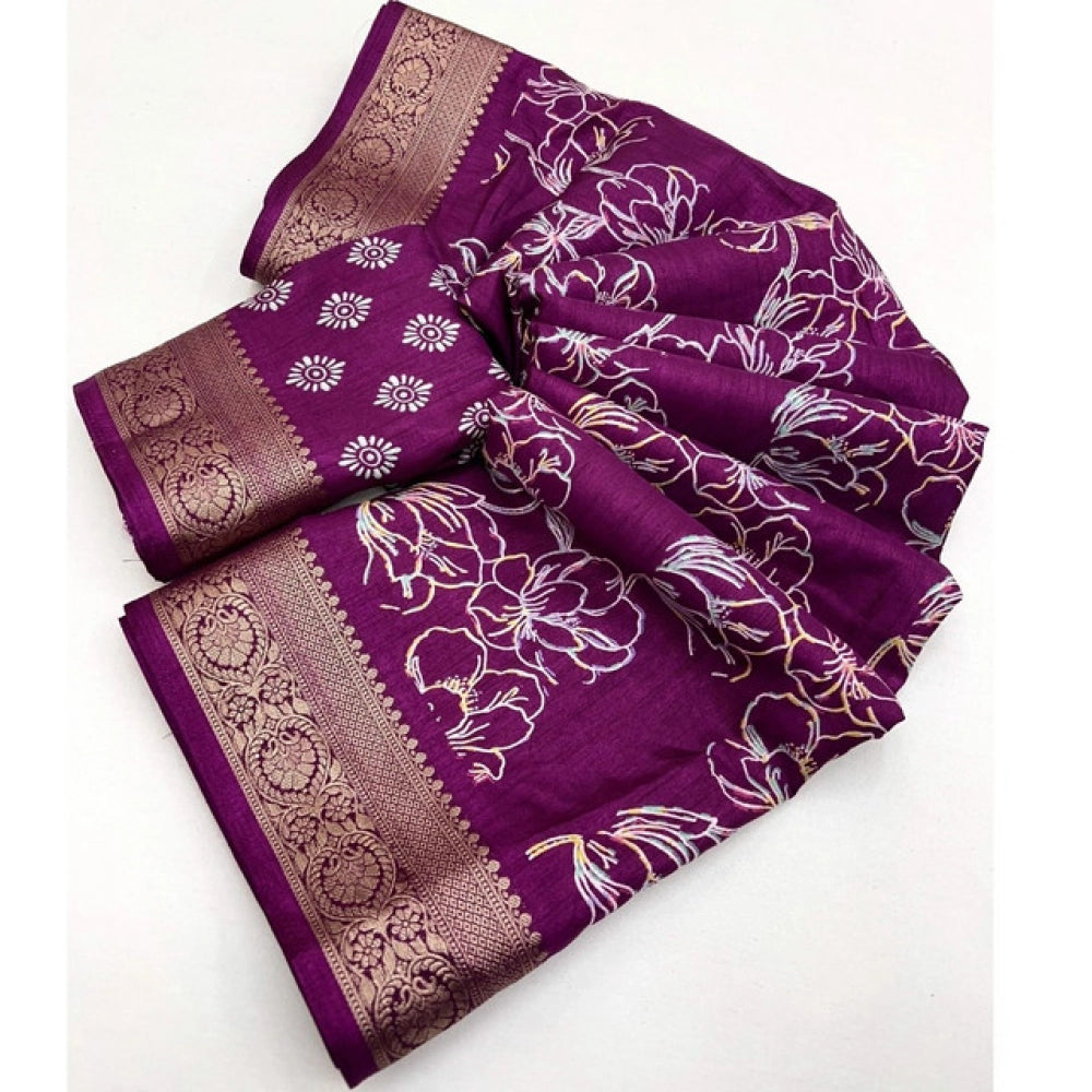 Floral Printed Saree With Unstitched Blouse 5.5Mtr (Wine)