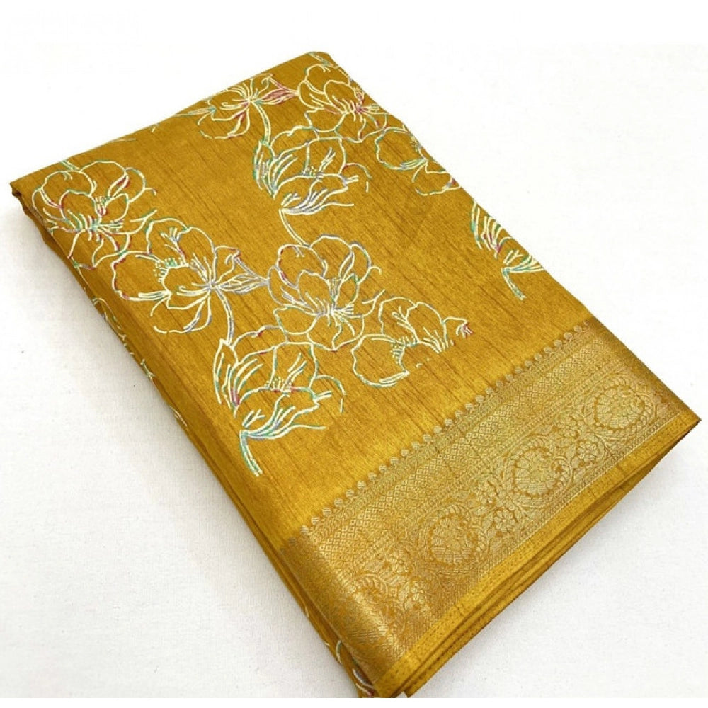 Floral Printed Saree With Unstitched Blouse 5.5Mtr (Yellow)