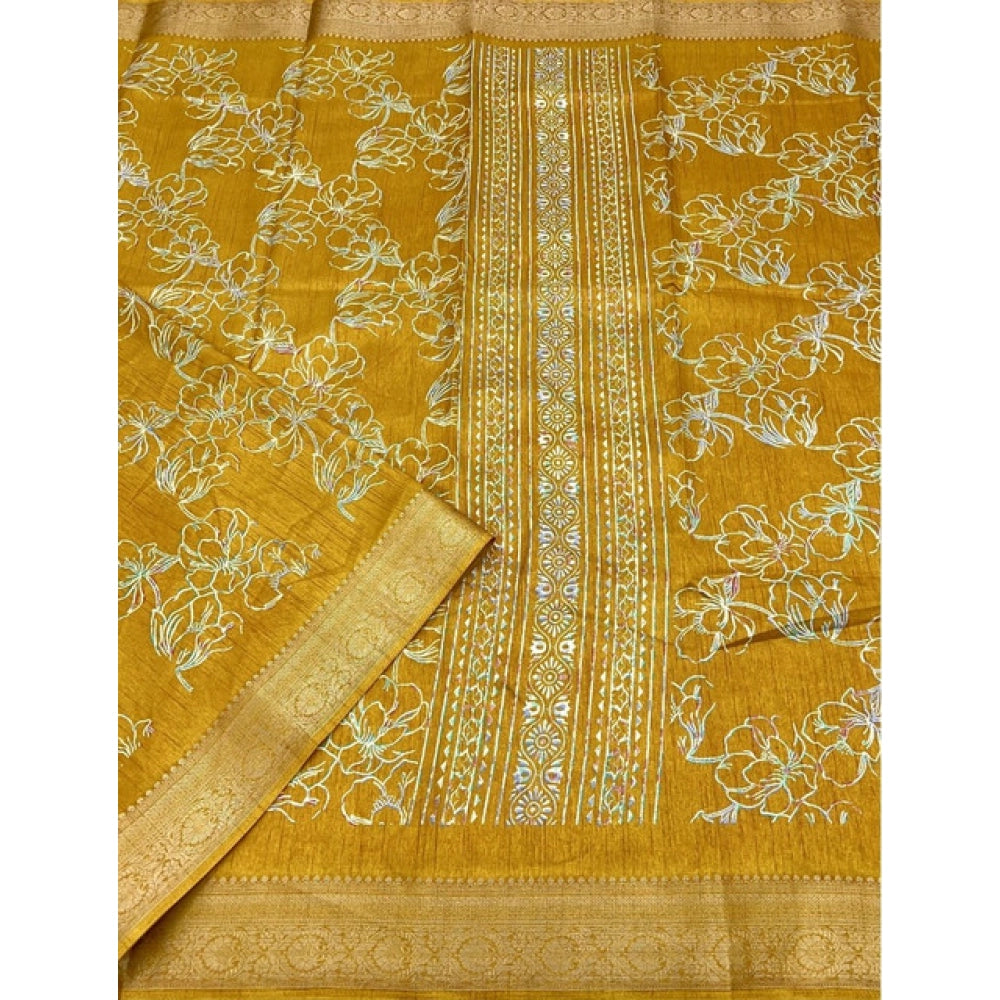 Floral Printed Saree With Unstitched Blouse 5.5Mtr (Yellow)