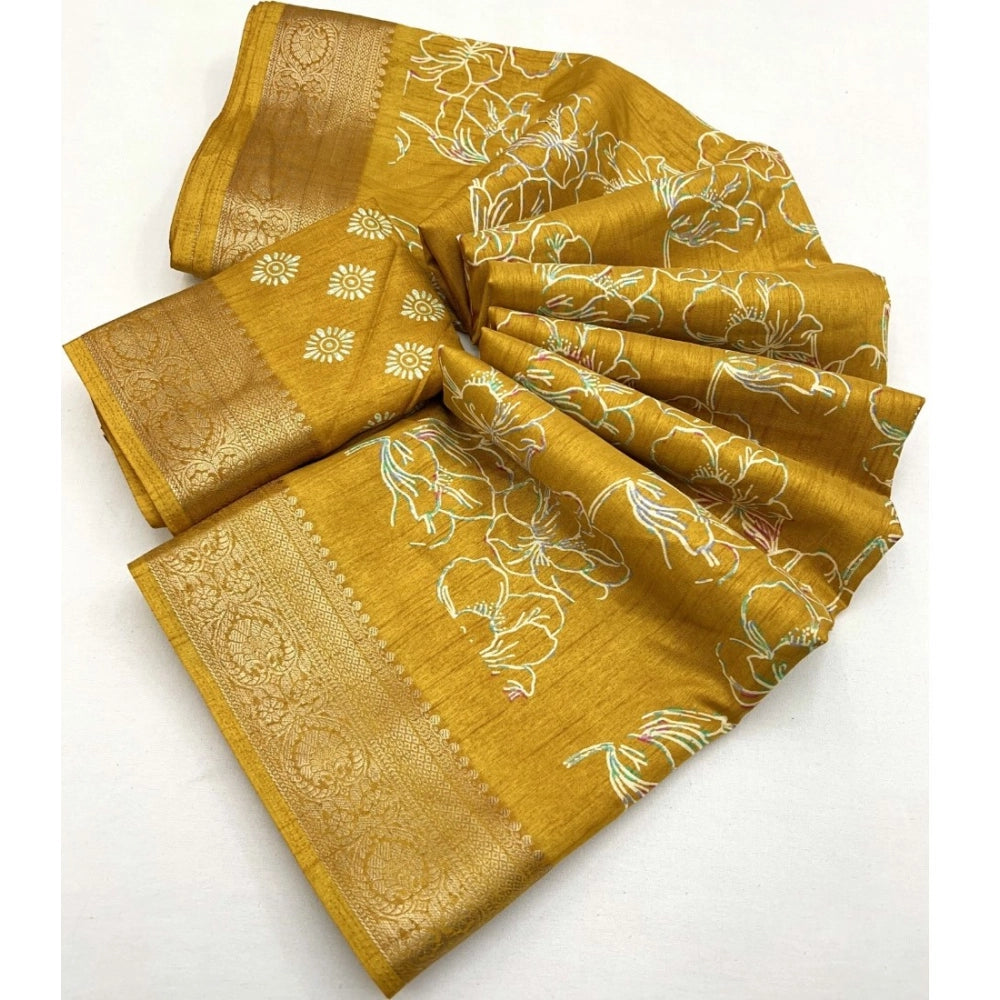 Floral Printed Saree With Unstitched Blouse 5.5Mtr (Yellow)