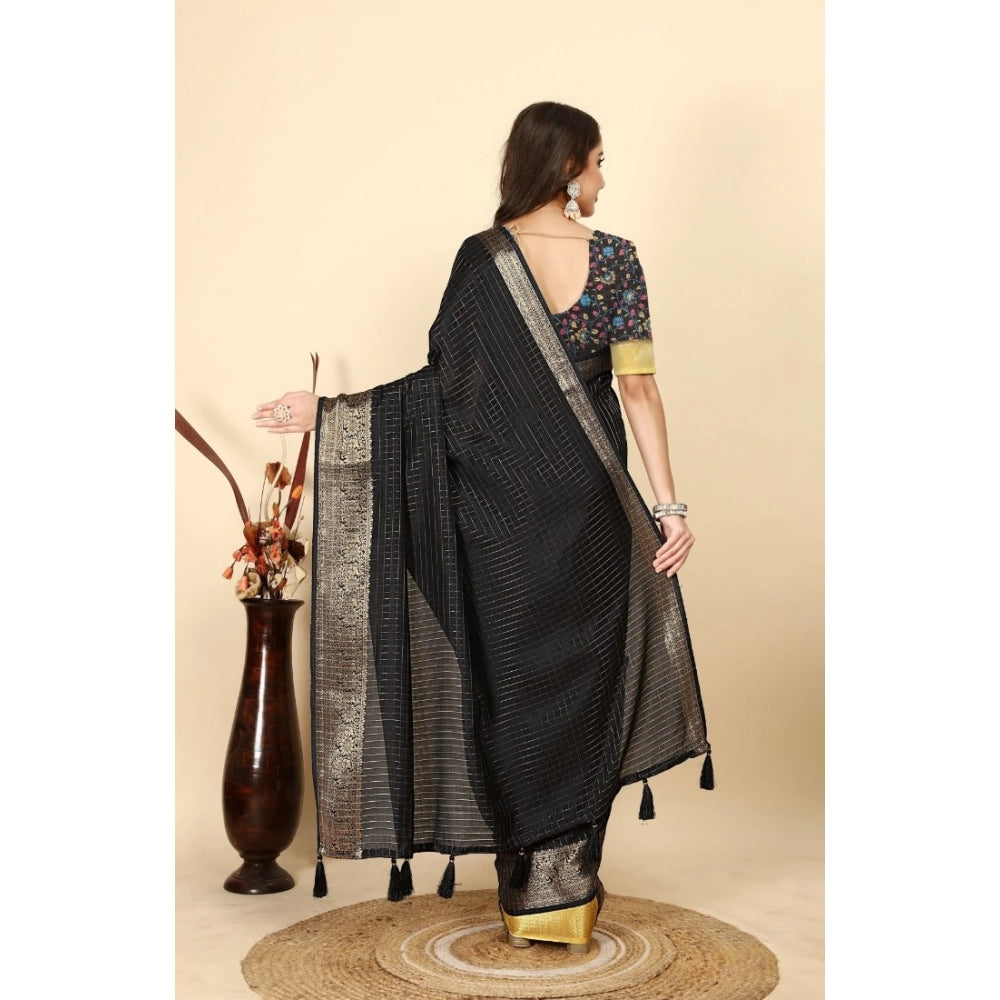 Checkered Saree With Unstitched Blouse 5.5Mtr (Black)
