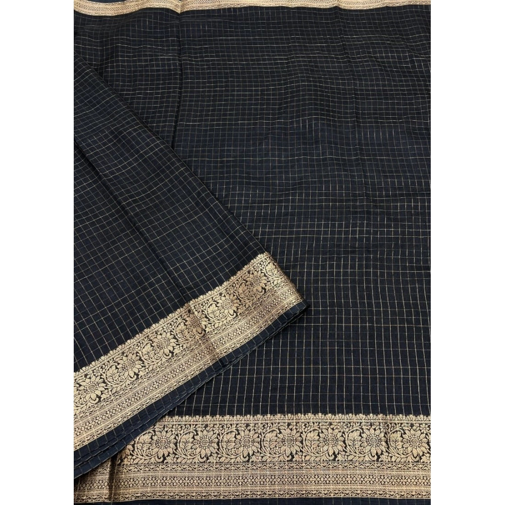 Checkered Saree With Unstitched Blouse 5.5Mtr (Black)
