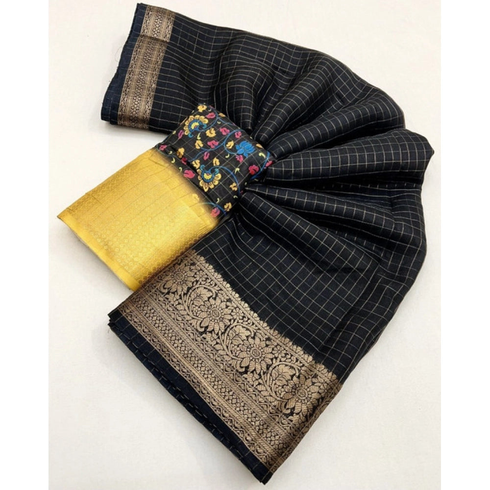 Checkered Saree With Unstitched Blouse 5.5Mtr (Black)