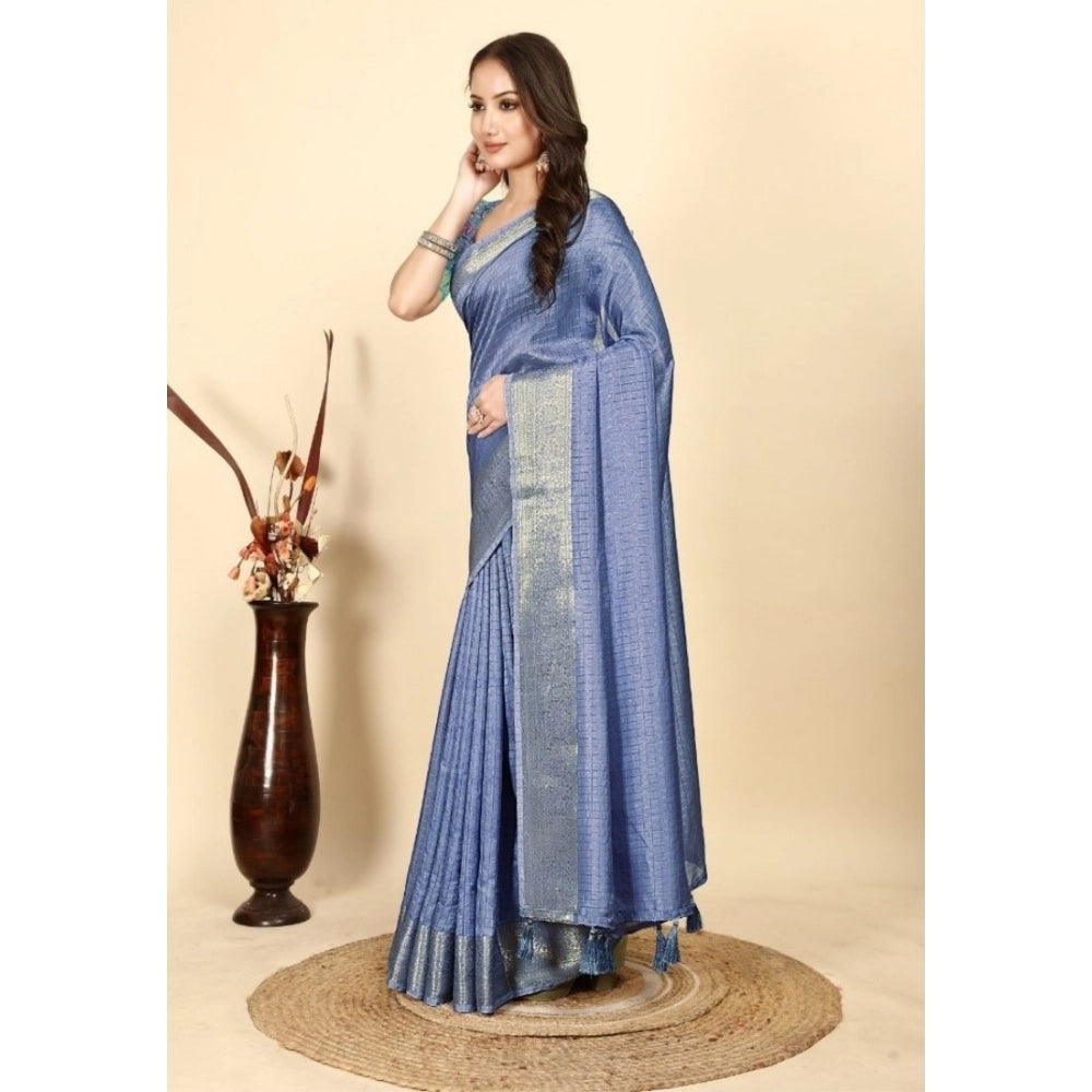 Checkered Saree With Unstitched Blouse 5.5Mtr (Blue)