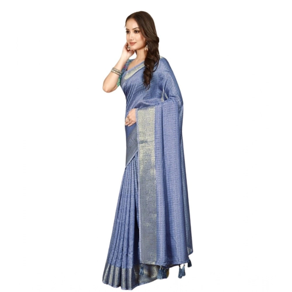 Checkered Saree With Unstitched Blouse 5.5Mtr (Blue)