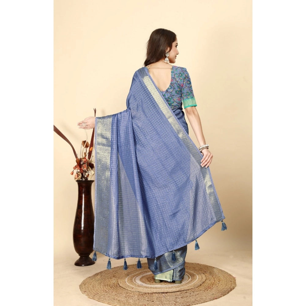 Checkered Saree With Unstitched Blouse 5.5Mtr (Blue)