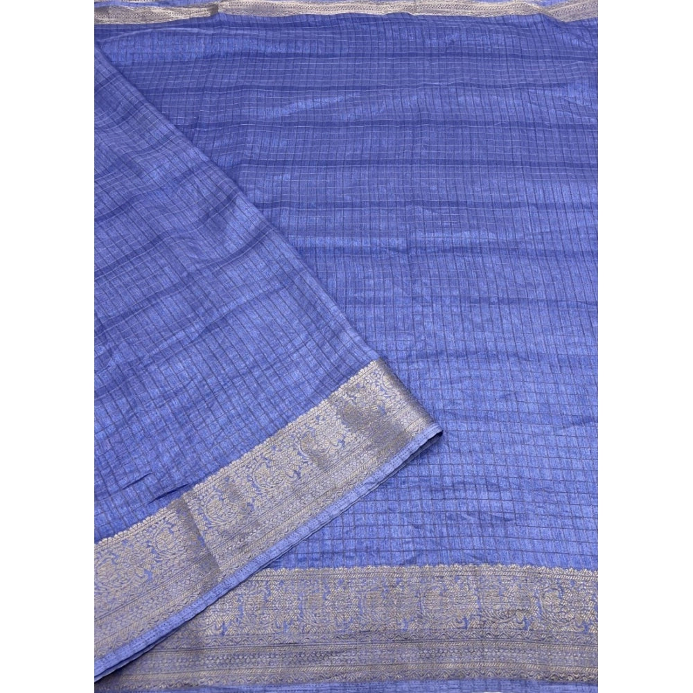 Checkered Saree With Unstitched Blouse 5.5Mtr (Blue)