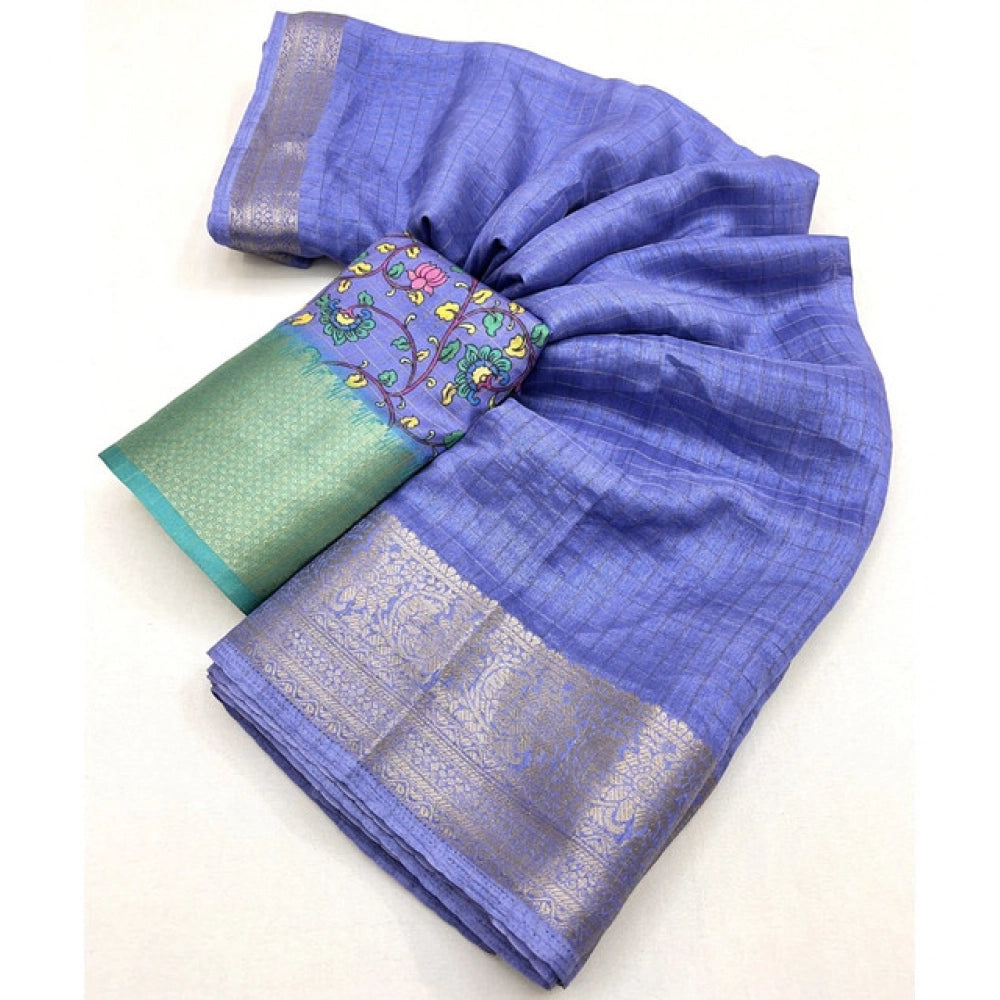 Checkered Saree With Unstitched Blouse 5.5Mtr (Blue)