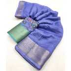 Checkered Saree With Unstitched Blouse 5.5Mtr (Blue)