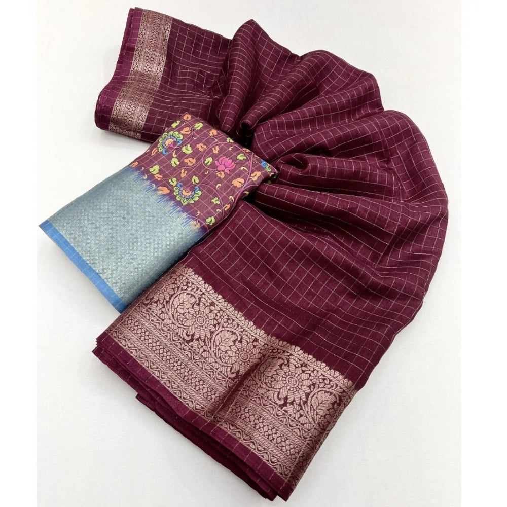 Checkered Saree With Unstitched Blouse 5.5Mtr (Maroon)