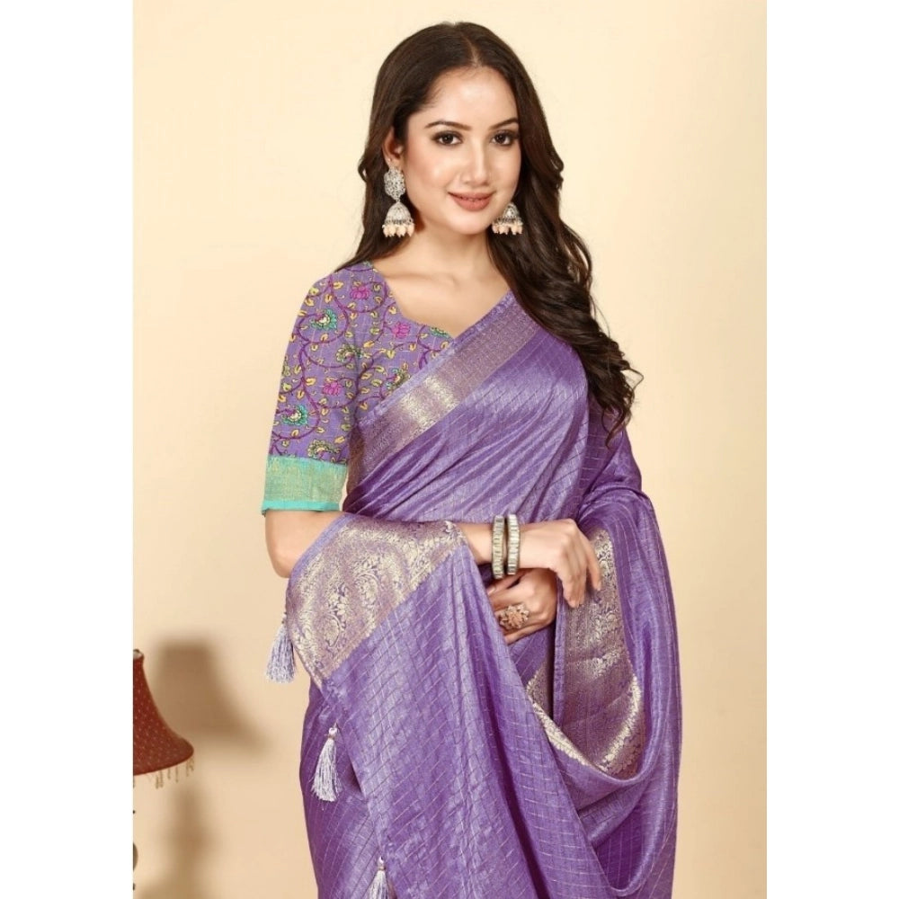 Checkered Saree With Unstitched Blouse 5.5Mtr (Purple)
