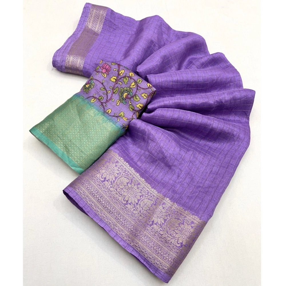 Checkered Saree With Unstitched Blouse 5.5Mtr (Purple)