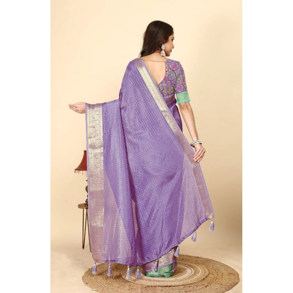 Checkered Saree With Unstitched Blouse 5.5Mtr (Purple)