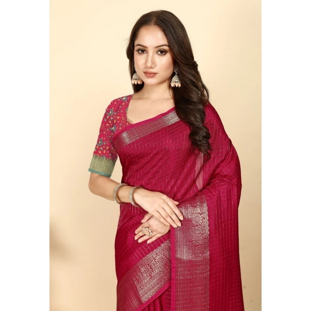 Checkered Saree With Unstitched Blouse 5.5Mtr (Red)