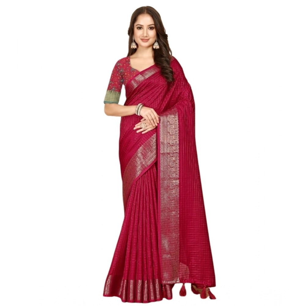 Checkered Saree With Unstitched Blouse 5.5Mtr (Red)