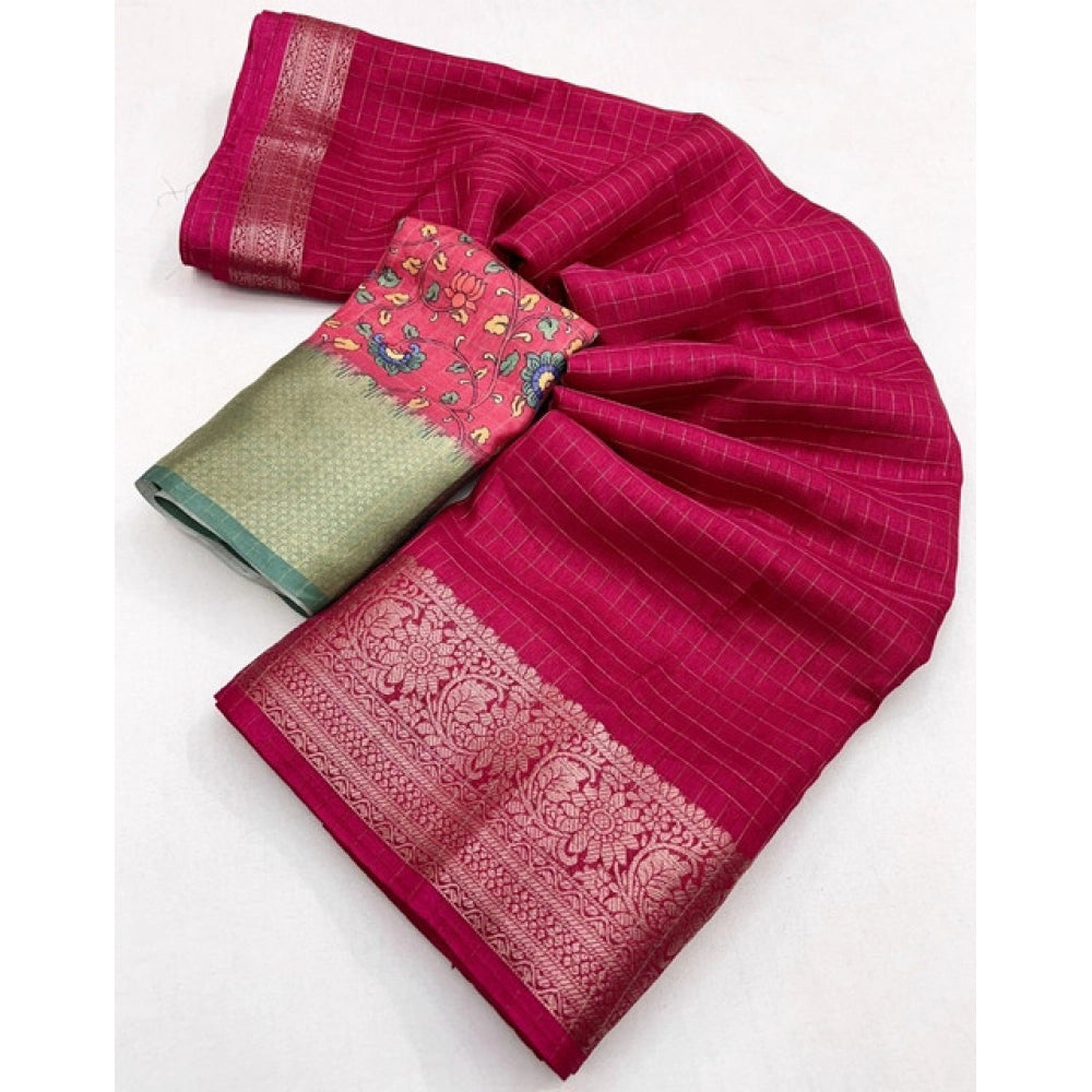 Checkered Saree With Unstitched Blouse 5.5Mtr (Red)
