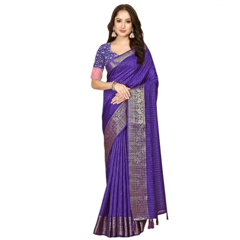 Checkered Saree With Unstitched Blouse 5.5Mtr (Royal Blue)