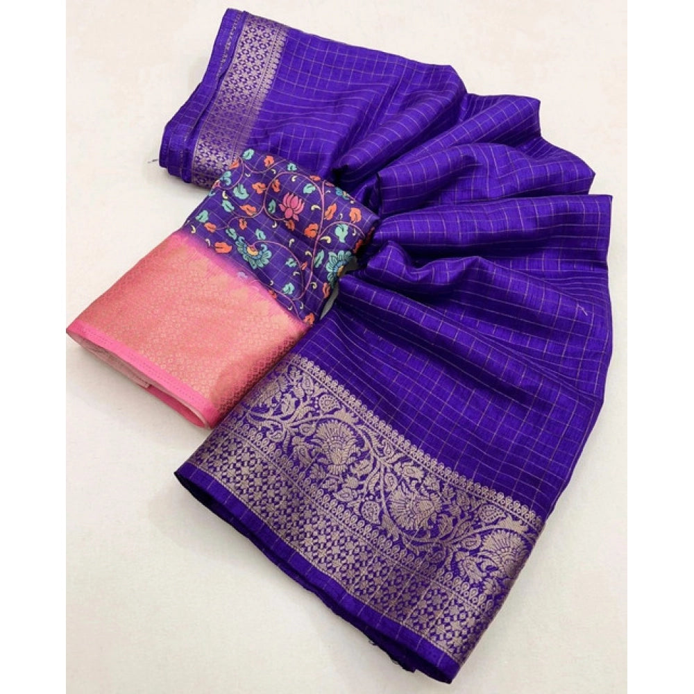 Checkered Saree With Unstitched Blouse 5.5Mtr (Royal Blue)