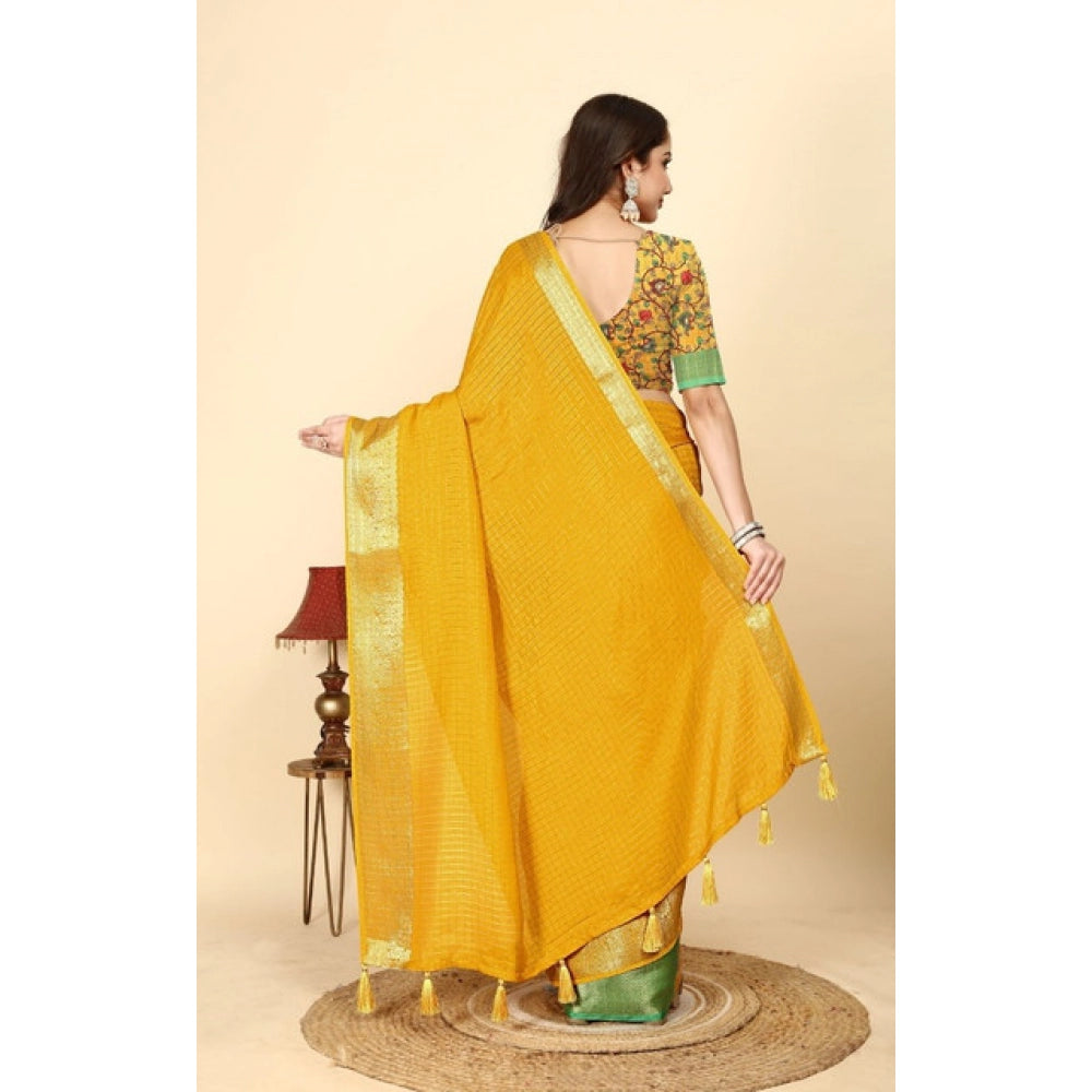 Checkered Saree With Unstitched Blouse 5.5Mtr (Yellow)