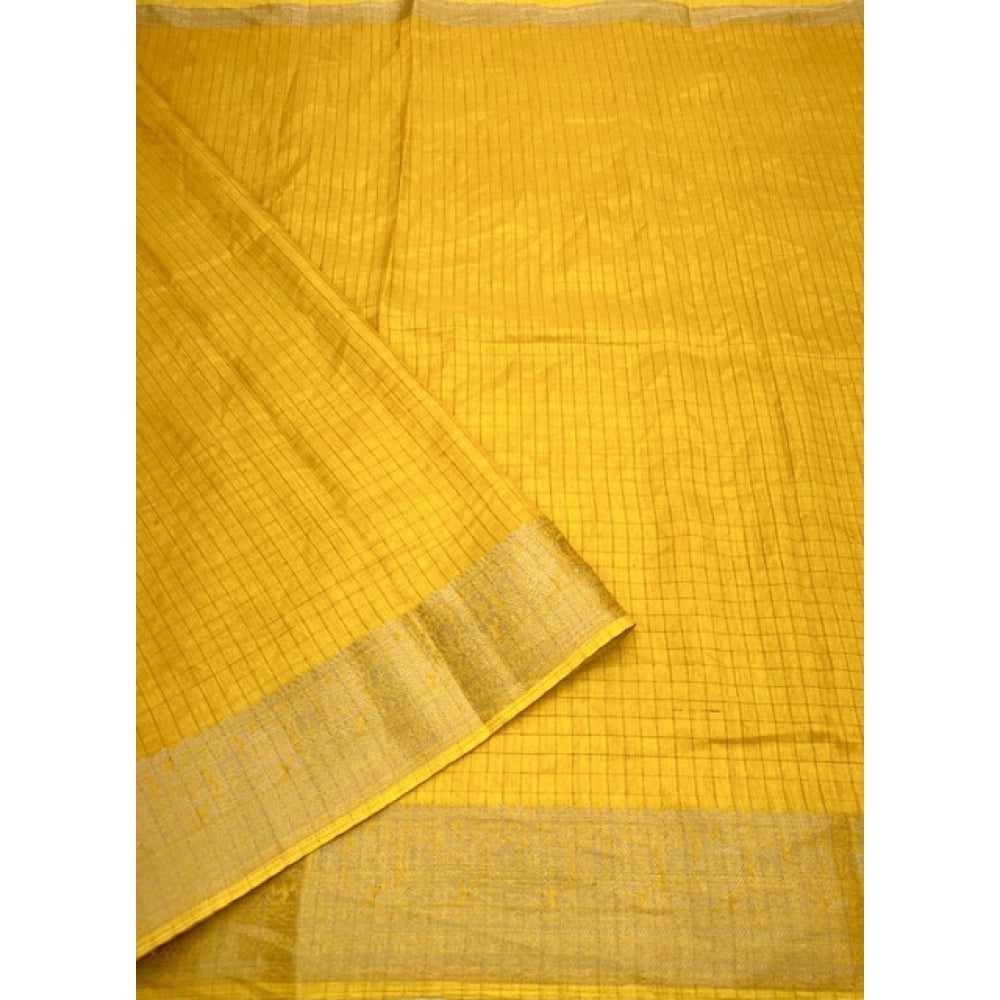 Checkered Saree With Unstitched Blouse 5.5Mtr (Yellow)