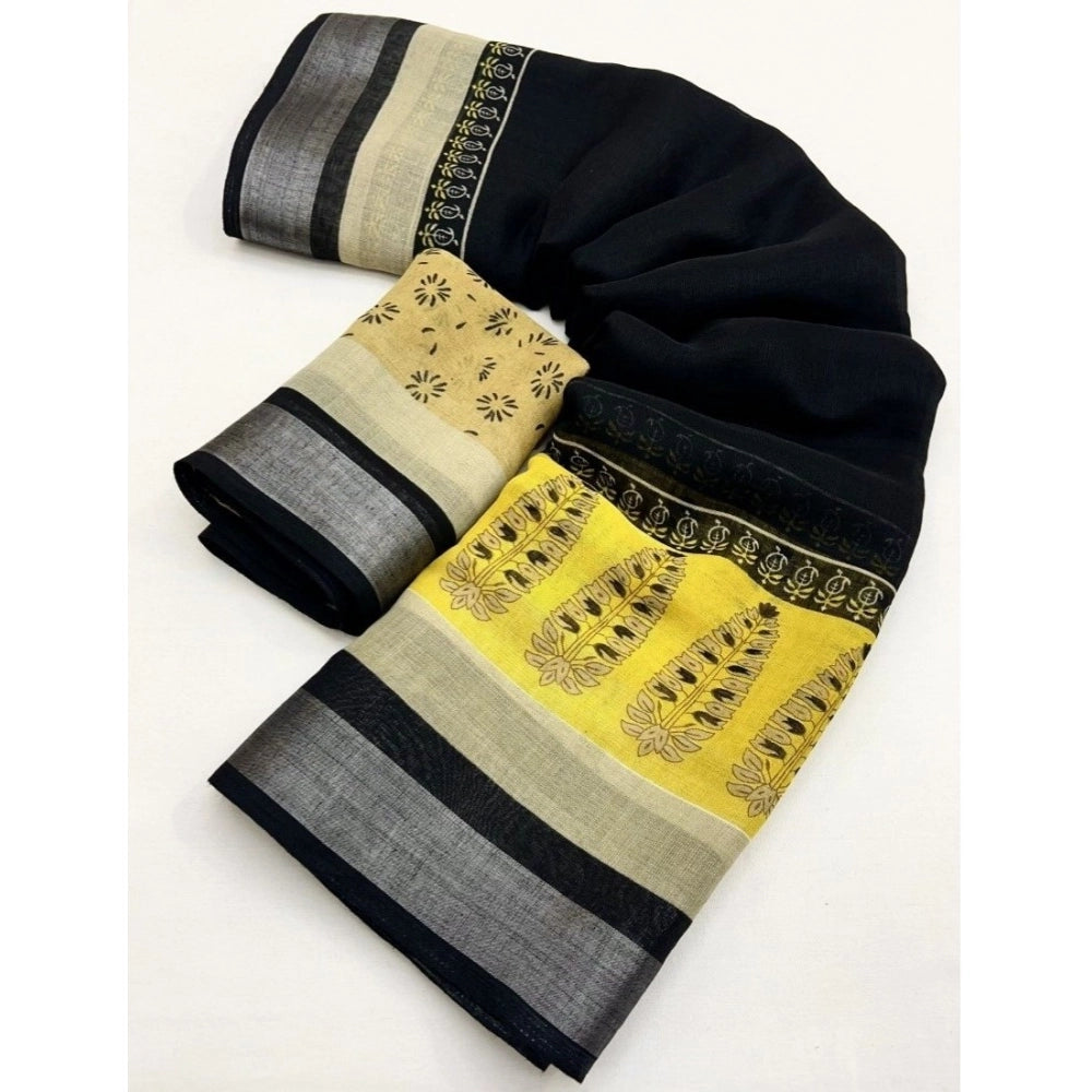 Cotton Linen Printed Saree With Unstitched Blouse 5.5Mtr (Black)
