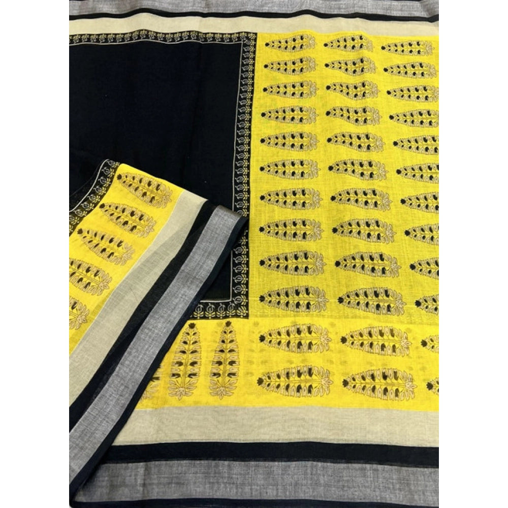 Cotton Linen Printed Saree With Unstitched Blouse 5.5Mtr (Black)