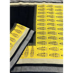 Cotton Linen Printed Saree With Unstitched Blouse 5.5Mtr (Black)