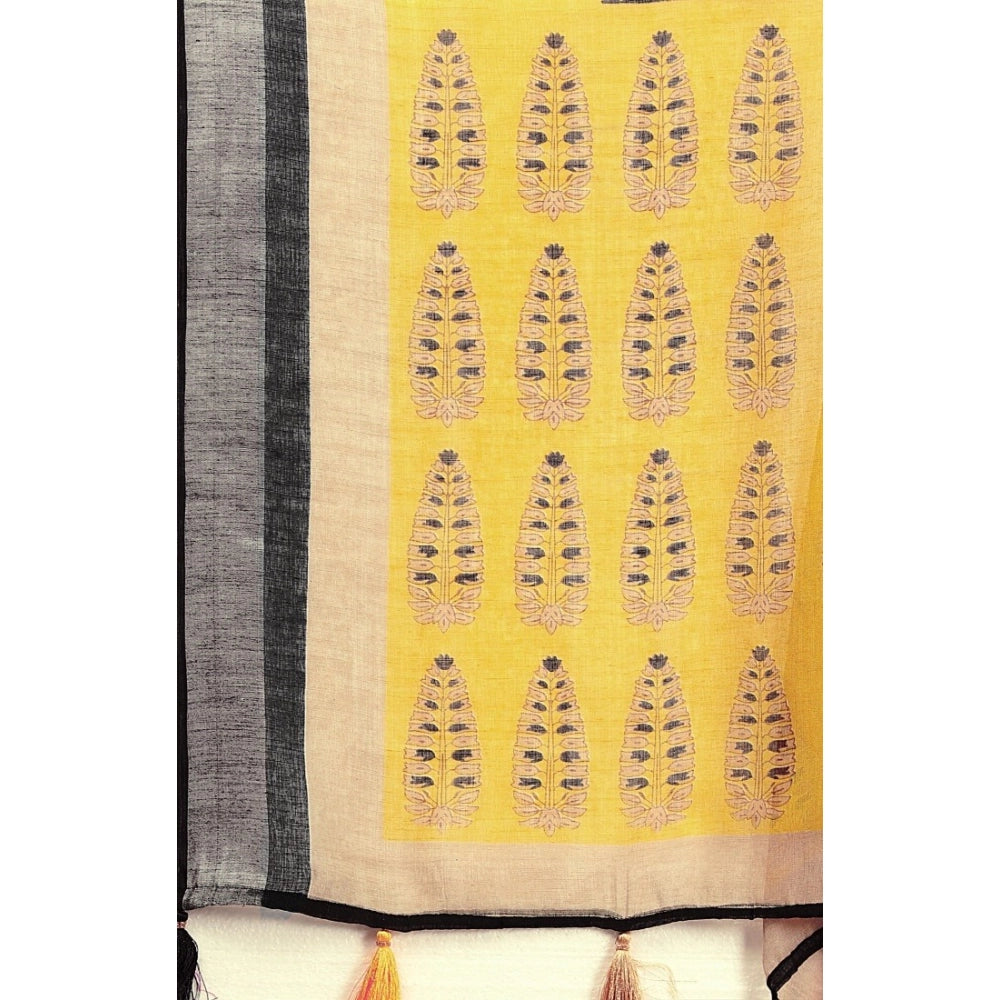 Cotton Linen Printed Saree With Unstitched Blouse 5.5Mtr (Black)