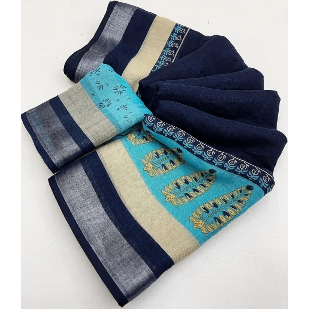 Cotton Linen Printed Saree With Unstitched Blouse 5.5Mtr (Blue)