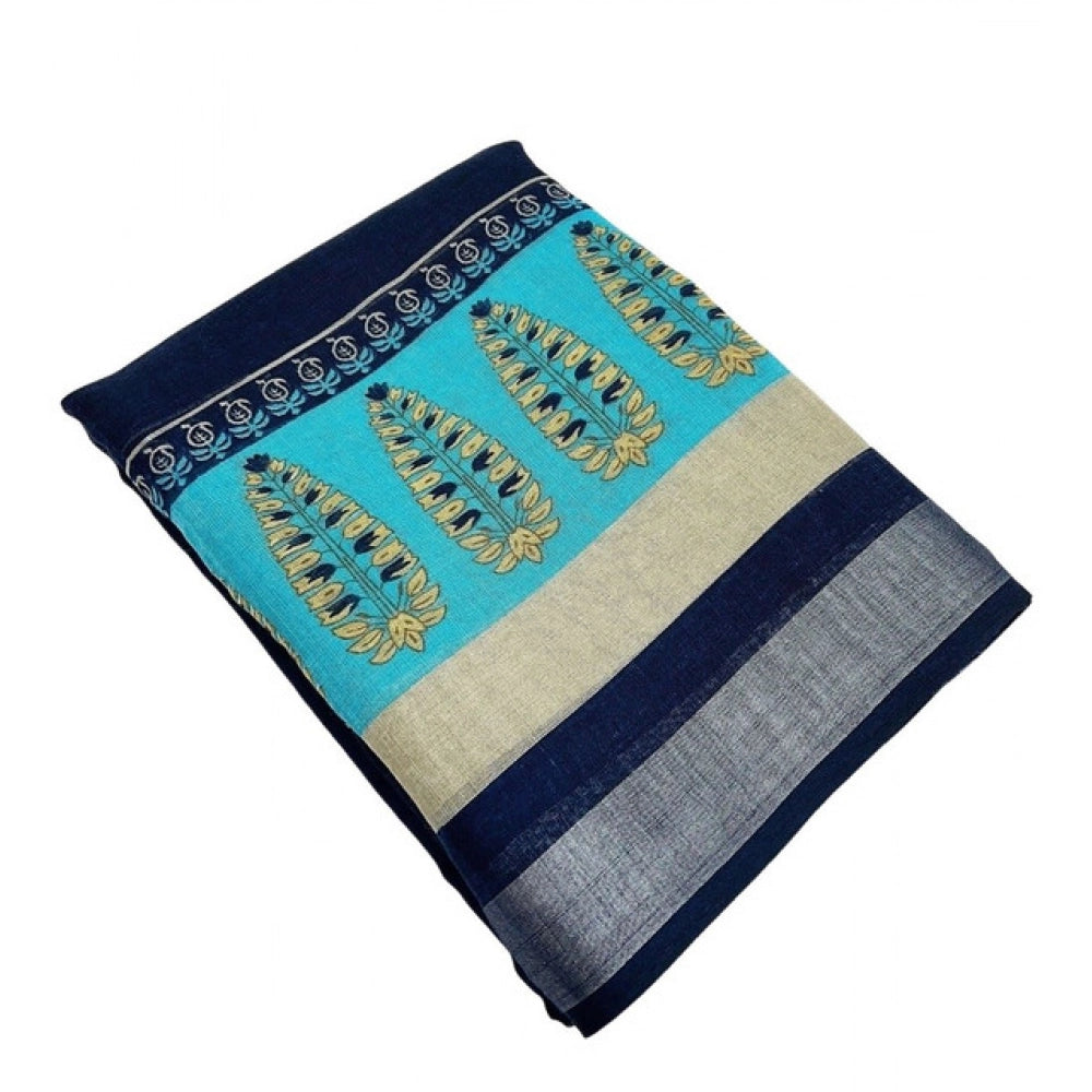 Cotton Linen Printed Saree With Unstitched Blouse 5.5Mtr (Blue)