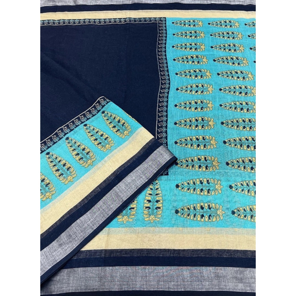 Cotton Linen Printed Saree With Unstitched Blouse 5.5Mtr (Blue)