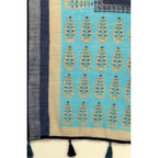 Cotton Linen Printed Saree With Unstitched Blouse 5.5Mtr (Blue)