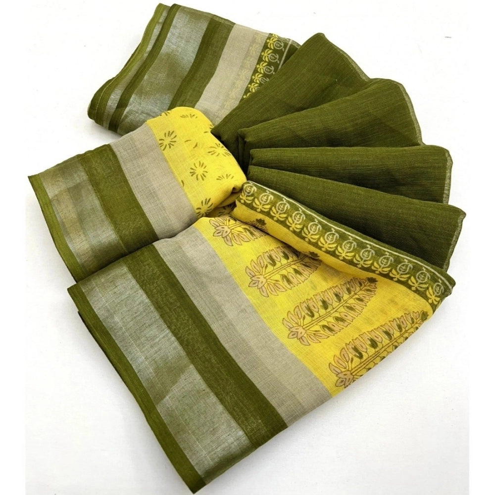 Cotton Linen Printed Saree With Unstitched Blouse 5.5Mtr (Green)
