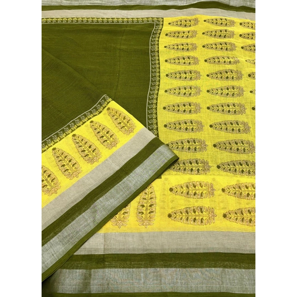Cotton Linen Printed Saree With Unstitched Blouse 5.5Mtr (Green)