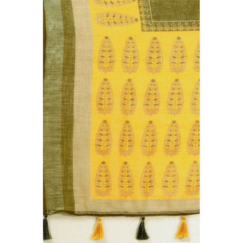 Cotton Linen Printed Saree With Unstitched Blouse 5.5Mtr (Green)