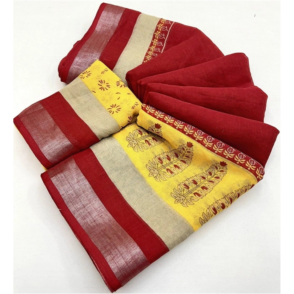 Cotton Linen Printed Saree With Unstitched Blouse 5.5Mtr (Red)