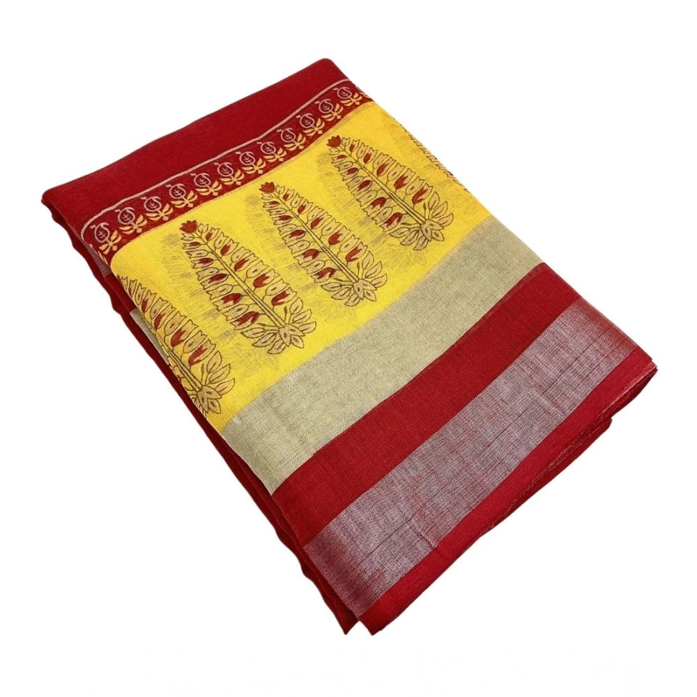 Cotton Linen Printed Saree With Unstitched Blouse 5.5Mtr (Red)