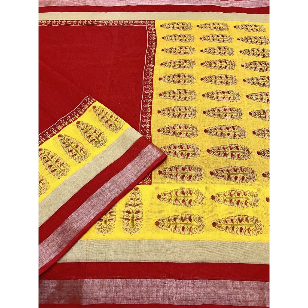 Cotton Linen Printed Saree With Unstitched Blouse 5.5Mtr (Red)