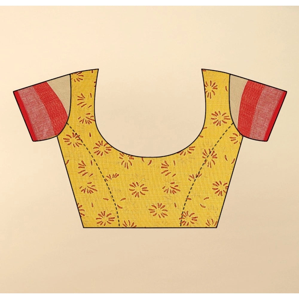 Cotton Linen Printed Saree With Unstitched Blouse 5.5Mtr (Red)