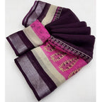 Cotton Linen Printed Saree With Unstitched Blouse 5.5Mtr (Wine)